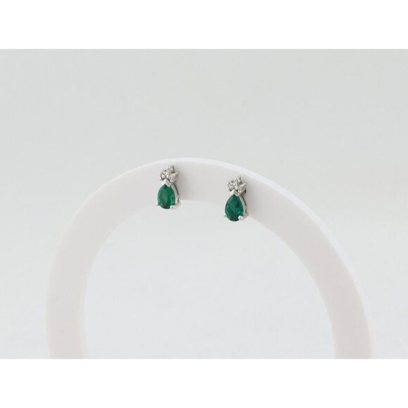 14k White Gold Lab Created Emerald & Diamond Earrings Stud Post Earrings 3/8" - Picture 7 of 9